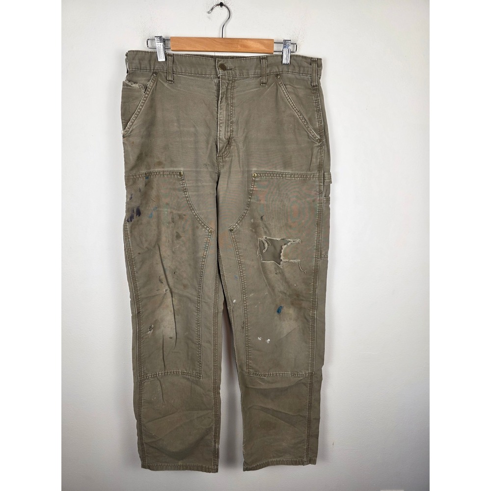 Carhartt B136 LBR Double Front Distressed Work Dungarees Mens 34x34 Brown